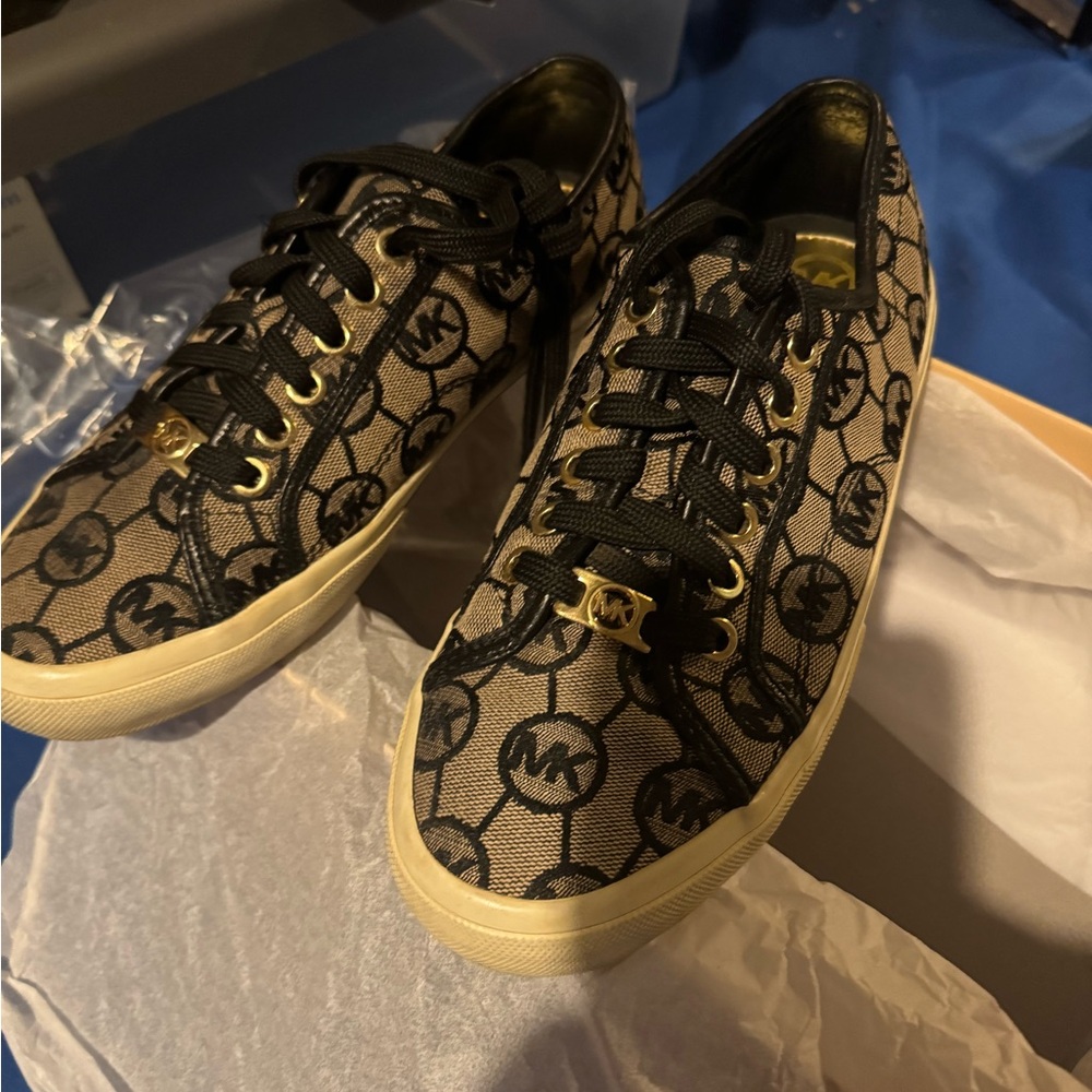 Michael Kors Black and Beige Monogram Sneakers
